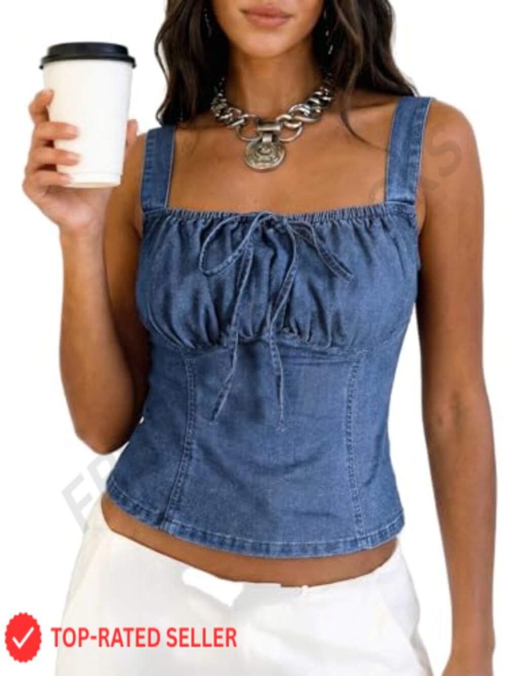Denim Corset Top Womens Smocked Back Square Neck Sleeveless Vest Crop